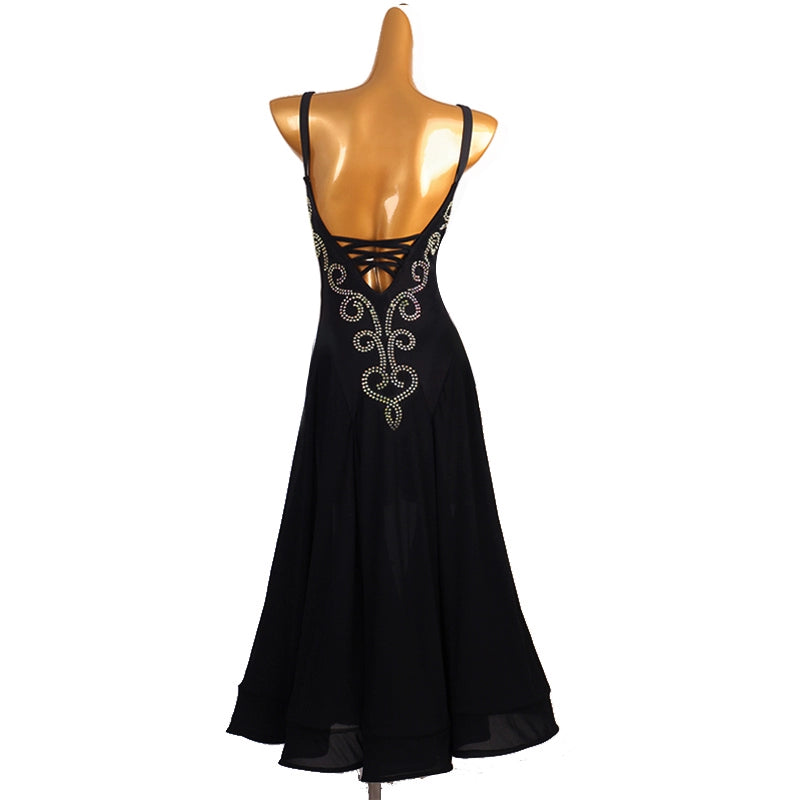Blue black Modern ballroom dance dresses for women girls sleeveless fringe waltz tango foxtrot rhythm competition gown - Moderndancedress.com