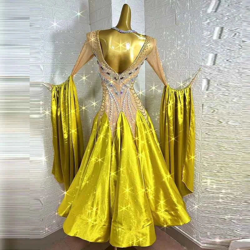 Custom Size Gold Competition Ballroom Dance Dresses for Women Girls Waltz Tango Performance Long Social Dance Gown