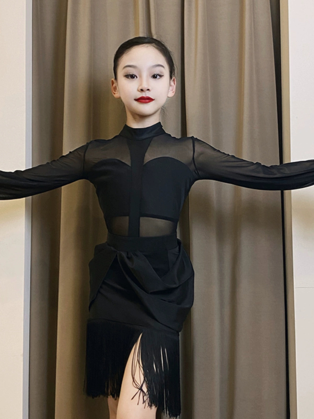 Black Lace Latin Dance Dresses for Girls Kids Long Mesh Sleeves Salsa Rumba Chacha Performance Clothes for Children - Moderndancedress.com