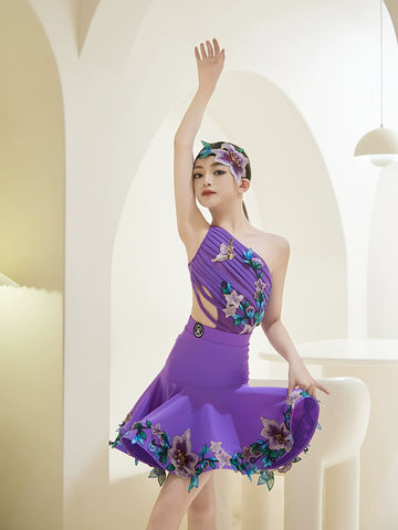 Purple embroidered flowers competition lain ballroom dance dresses for kids Girls salsa rumba ballroom performance outfits - Moderndancedress.com
