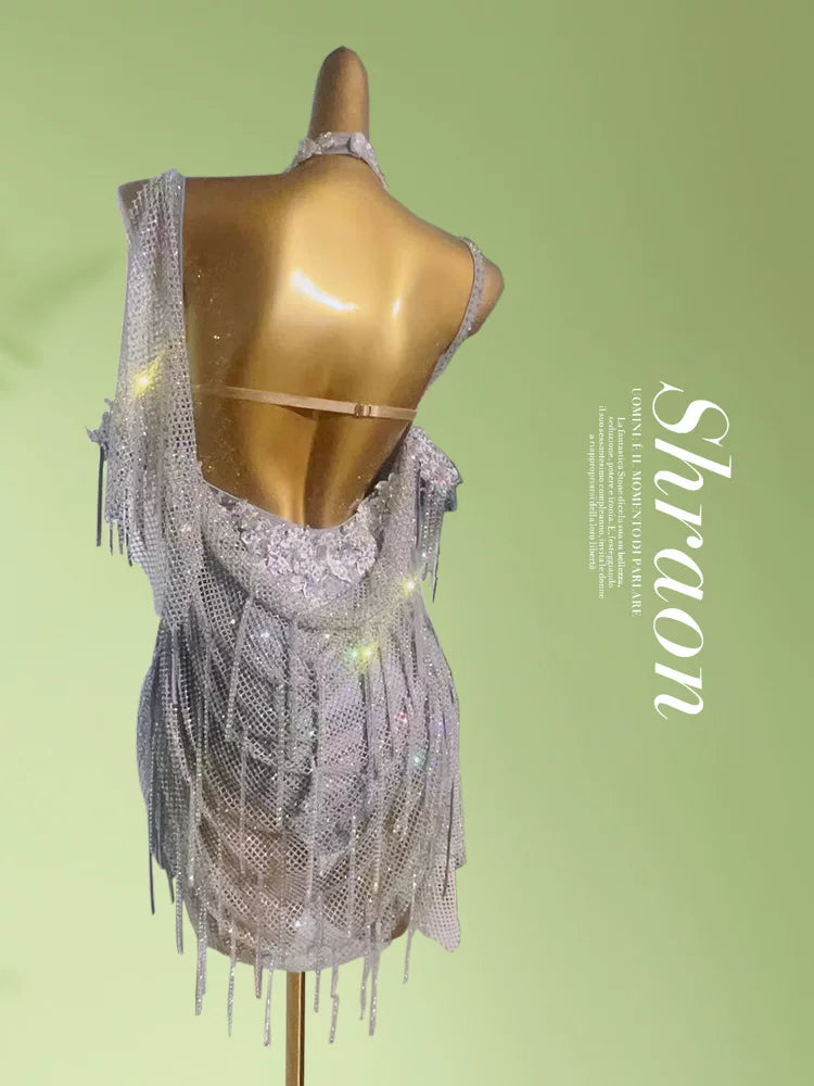 Custom Size Light Blue Rhinestone Mesh Latin Dress - Silver Fringe Dancewear