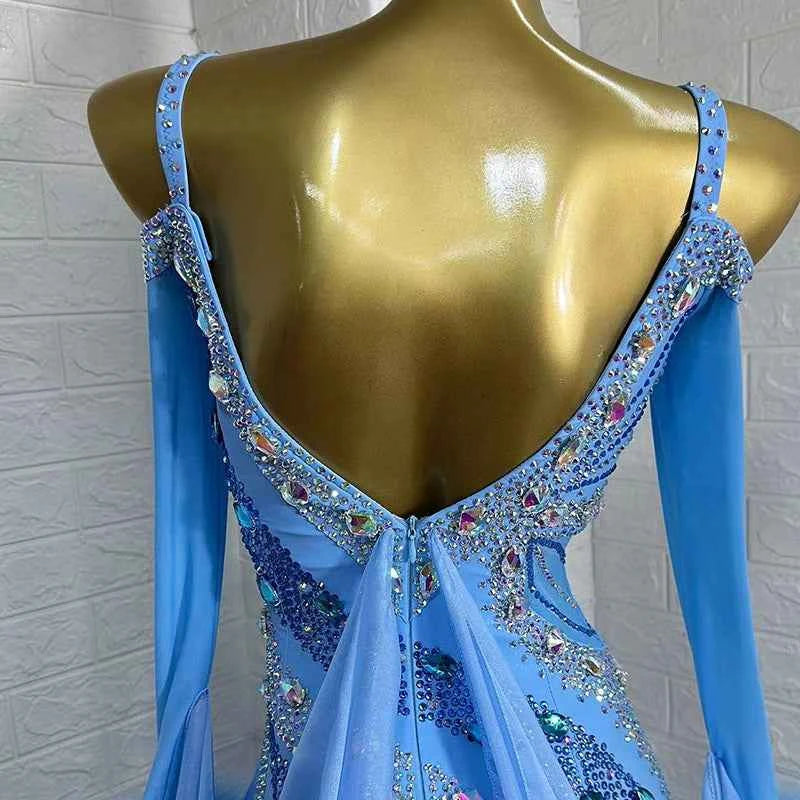 Custom Size Blue Competition Ballroom Dance Dresses for Women Tango Rhythm Social Dance Waltz Performance Gown