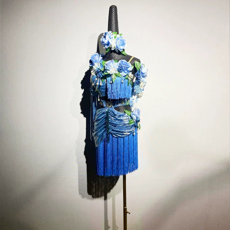 Custom 3D Flower Royal Blue Latin Dress - Luxury Crystal Fringe Ballroom Dancewear