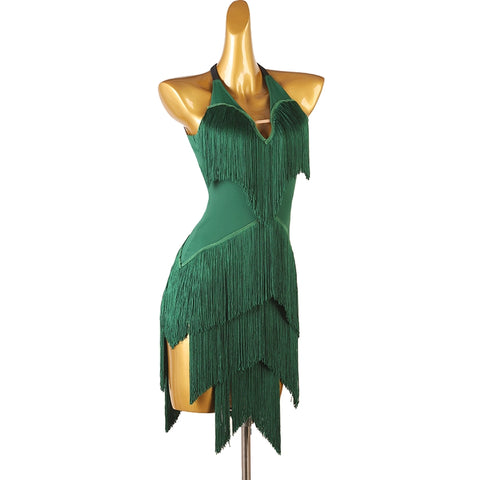 Orange Dark Green Navy Blue Latin Dance Competition Dresses for Women Girls Salsa Rumba Chacha Performance Costumes Halter Neck - Moderndancedress.com
