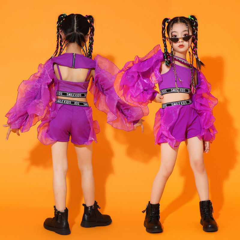 Children Rapper singers hiphop street jazz dance costumes for kids girls model show runway performance purple outfits for Girls - Moderndancedress.com