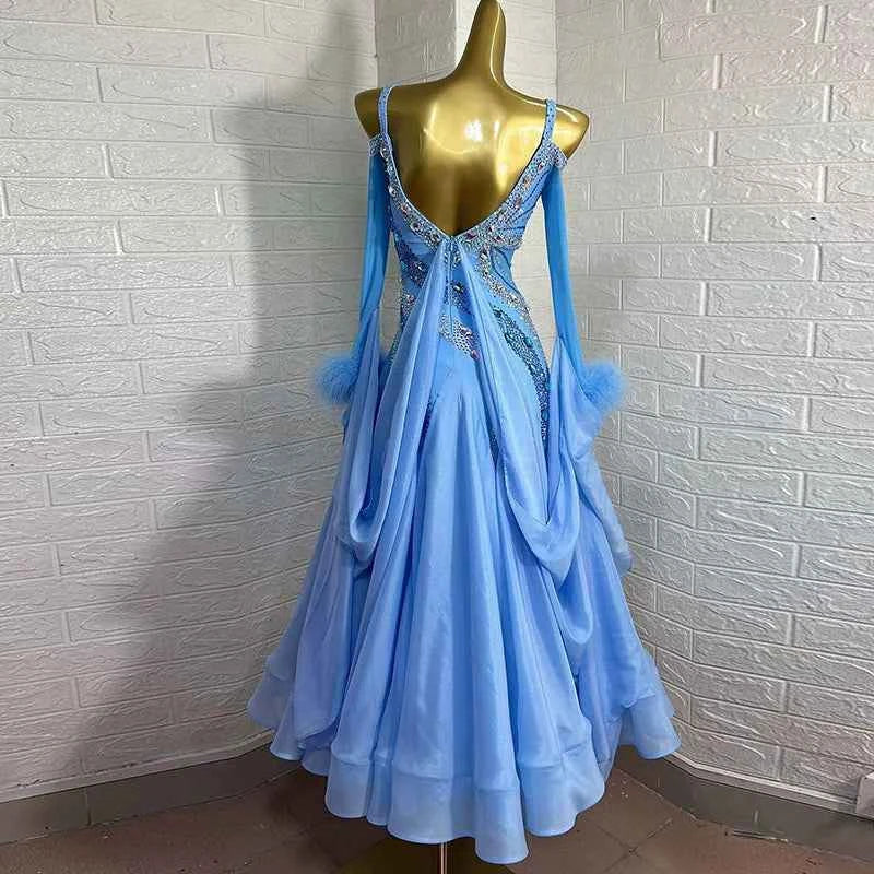 Custom Size Blue Competition Ballroom Dance Dresses for Women Tango Rhythm Social Dance Waltz Performance Gown
