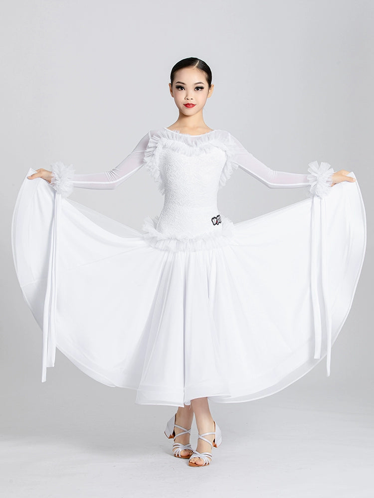 White Lace Long Sleeves Ballroom Dance Dresses for Girls Kids Children's Waltz Tango Art Test Competition Performance Costumes Moderndancedress.com White Lace Long Sleeves Ballroom Dance Dresses for Girls Kids Children's Waltz Tango Art Test Competition Performance Costumes Moderndancedress.com