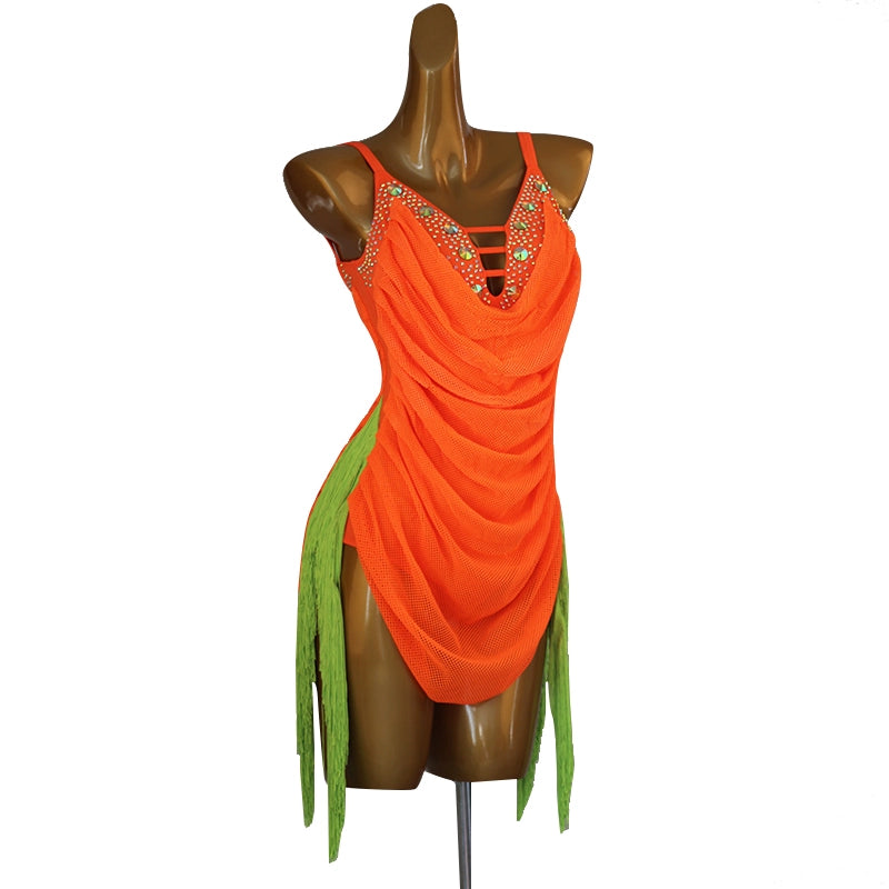 Orange green fringe competition Latin dance dress for women girls one-piece stones Latin dance performance costumes for female - Moderndancedress.com