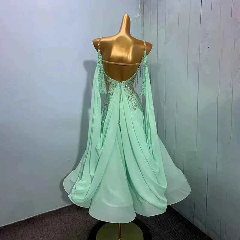 Customized Size Mint Green Ballroom Dance Dresses for Women Competition Waltz Tango Foxtrot Dancing Long Gown