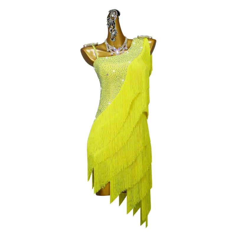 Yellow Fringe Competition Latin Dance Dresses for Women Girls One shoulder Salsa Rumba Chacha Senior Dance Costumes
