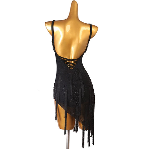 Black Bling Fringe Latin Competition Dance Dresses for Women Girls Latin Salsa Rumba Chacha Performance Outfits Irregular Hem Skirts - Moderndancedress.com