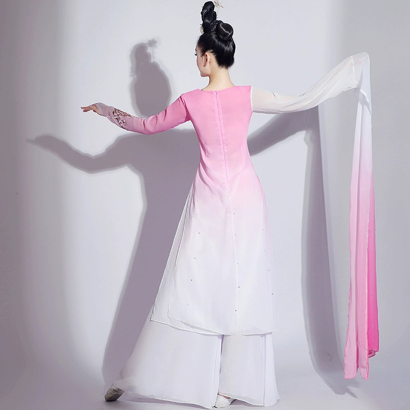 Pink gradient Chinese folk Classical dance costumes for women girls water sleeves jinghong art test dance hanfu fairy dress - Moderndancedress.com
