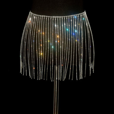 Women girls latin jazz rave dance Rhinestone tassel waist chain hollow bling hot pole dance tassel skirt belly dance body chain belts - Moderndancedress.com