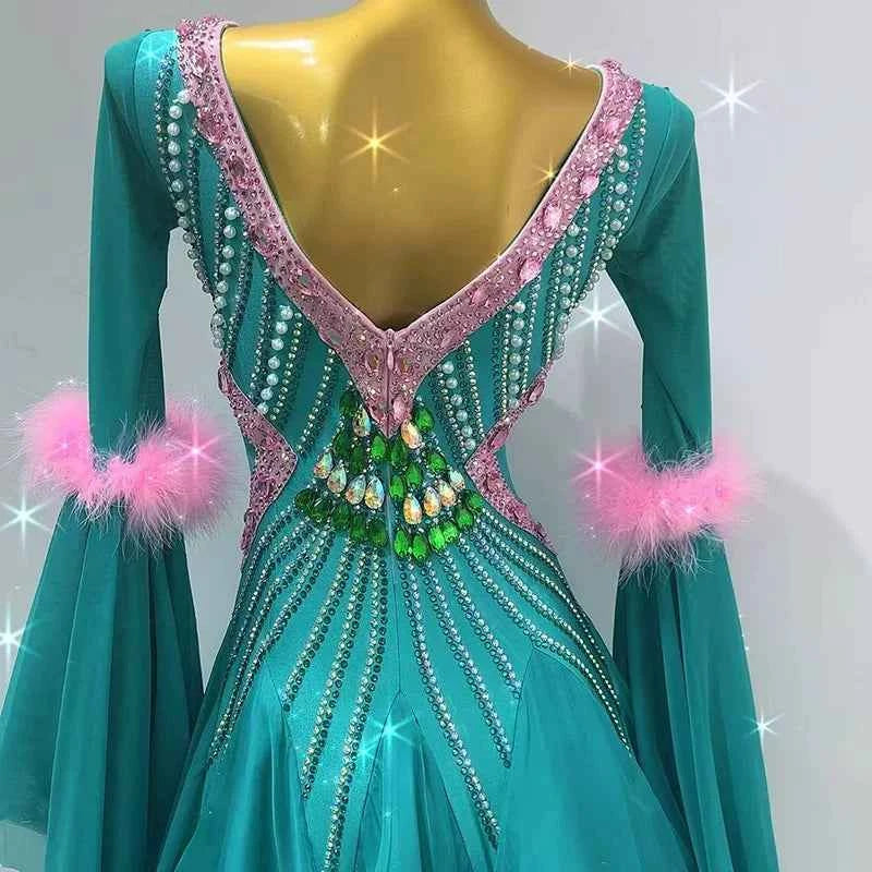 Customized Size Turquoise Pink Ballroom Dance Dresses Waltz Tango Smooth Dance Long Gown