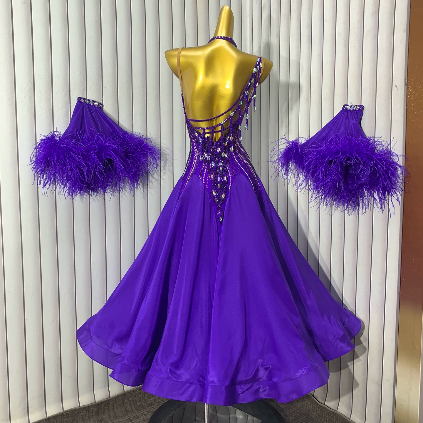 Custom Size Purple Rhinestone Ostrich Feather Competition Ballroom Dance Dress | Waltz Tango Dance Gown with Float Sleeves