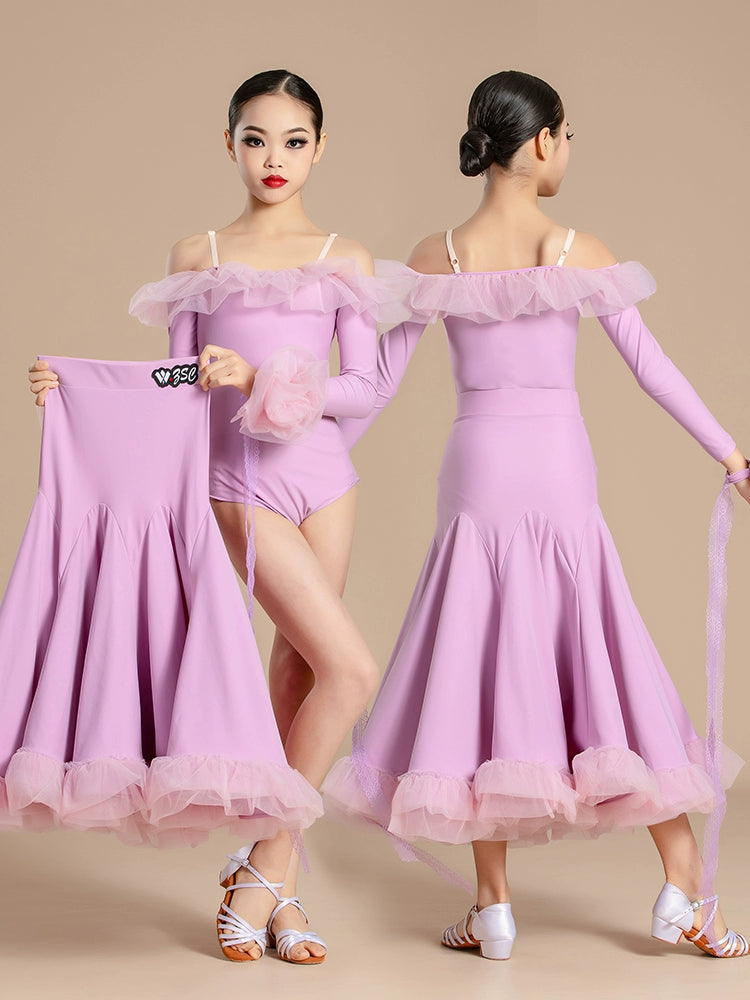 Modern ballroom dance dresses for girls kids waltz tango light purple orange wine professional competition clothing for children - Moderndancedress.com