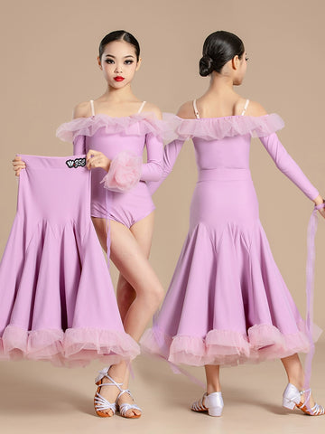 Modern ballroom dance dresses for girls kids waltz tango light purple orange wine professional competition clothing for children - Moderndancedress.com