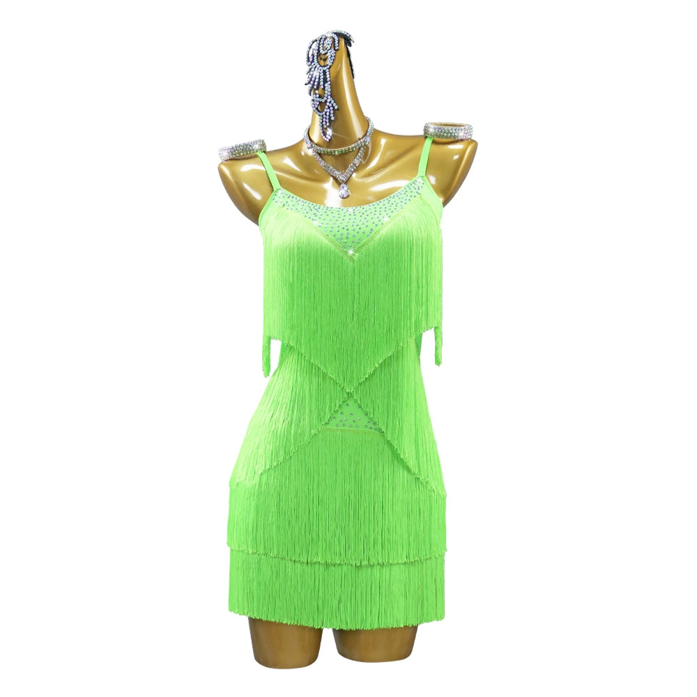 Neon Green Fringed Competition Latin Dance Dresses for Women Girls Rhinestones Salsa Rumba Chacha Contest Costume Senior Dance Wear