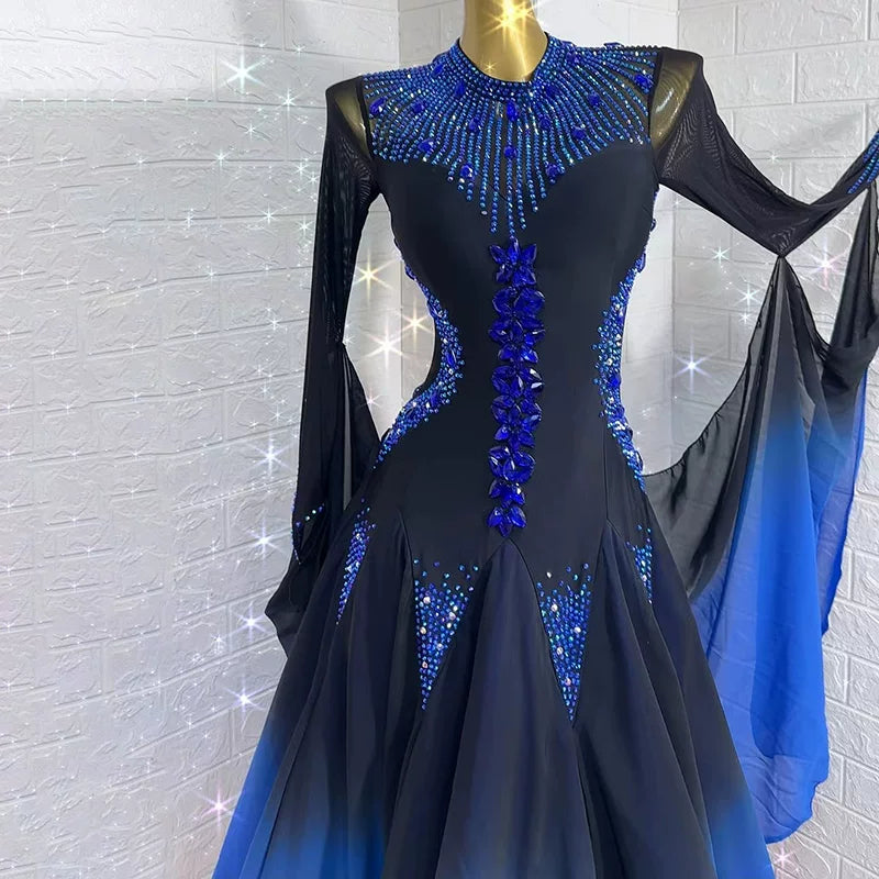 Custom Size Black Blue Crystal Competition Ballroom Dance Dress Standard Smooth Waltz Tango Dance Gown