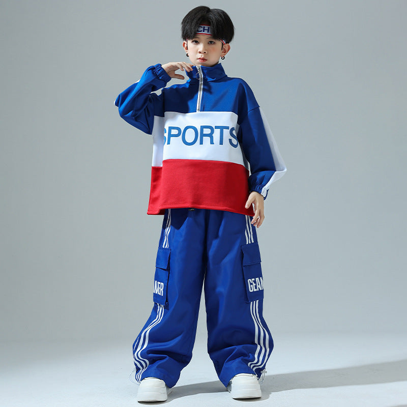 Boys Girls Blue red Hip Hop Jazz Dance Costumes Street Rapper Singers Gogo Dancers Kids Cheerleading Performance Uniforms Sports Class Uniforms - Moderndancedress.com