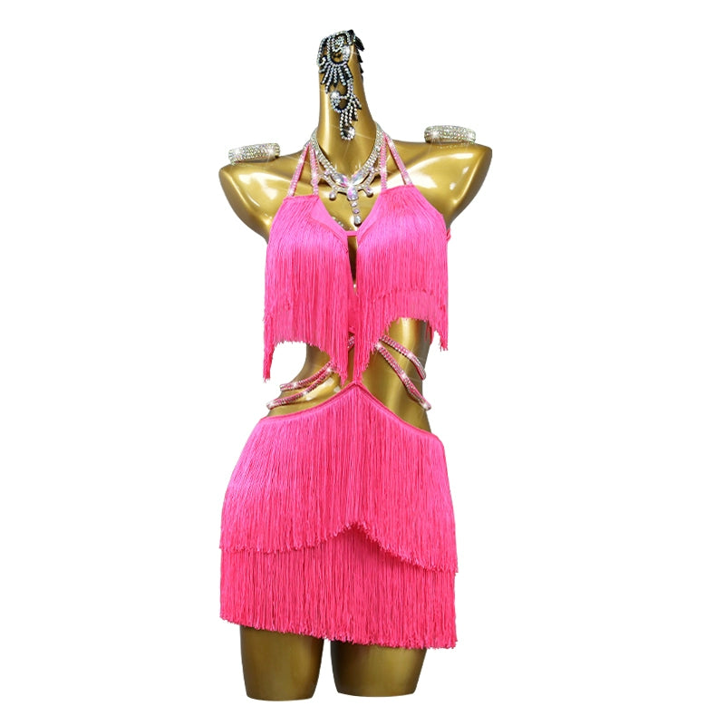 Professional hot pink fringe competition Latin Dance dresses salsa rumba chacha Contest Performance Costume  for Adult Children Solo dance - Moderndancedress.com