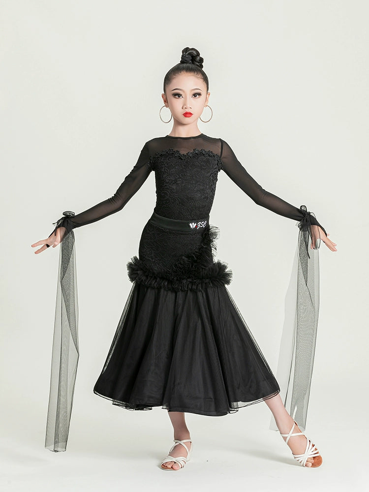 Modern ballroom dance dresses for girls kids black lace flowy children's waltz tango dance big swing skirt  competition suit - Moderndancedress.com