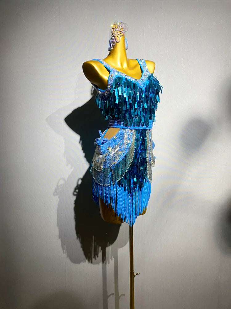 Custom Size Competition Turquoise Latin Dance Dress Bling Fringe Fuchsia Blackpool Performance Clothes