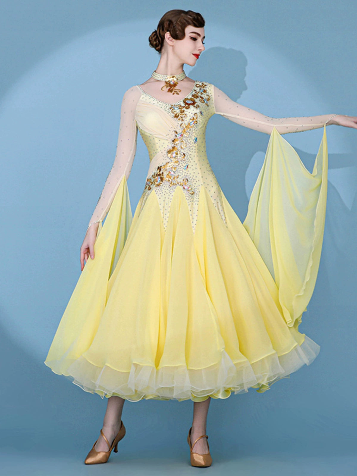 Custom size yellow competition ballroom dance dresses for women girls kids gemstones senior waltz tango foxtrot smooth dance gown - Moderndancedress.com