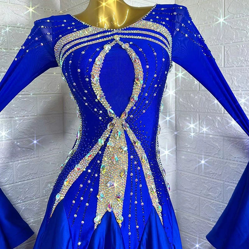 Custom Size Royal Blue Modern Ballroom Dance Dresses for Women Tango Foxtrot Waltz Performance Long Skirts - Moderndancedress.com