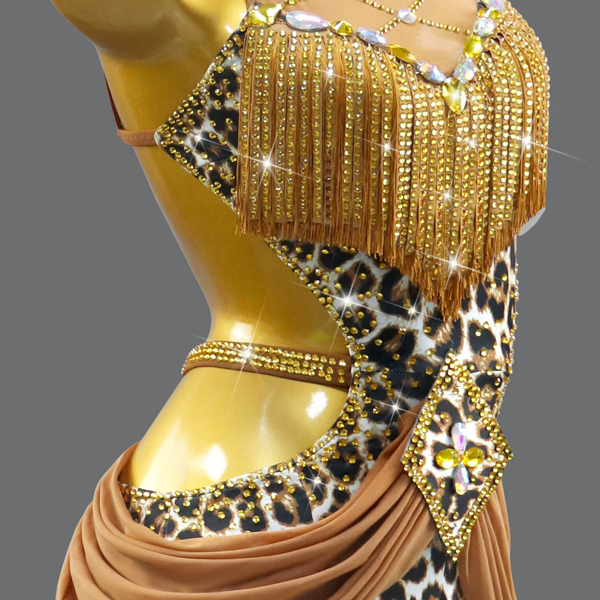 Custom Professional Leopard Latin Dance Competition Dress for Young Girls with Gold Fringe