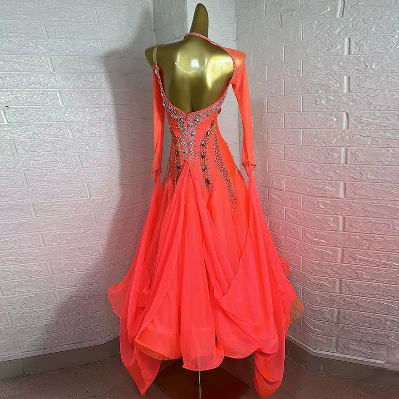 Custom Coral Orange Ballroom Dance Dress Rhinestone Waltz Tango Competition Gown