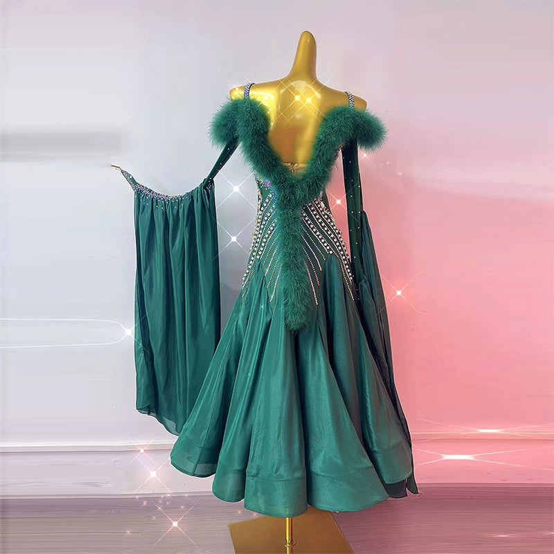 Custom Size Women's Dark Green Ballroom Dance Dresses National Standard Waltz Dancing Costumes