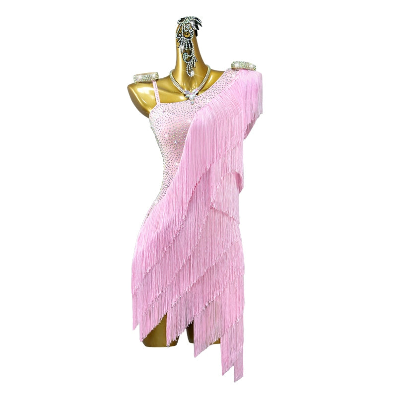 Custom size Light pink one shoulder Latin Dance Competition dresses for girls kids adult salsa chacha rumba Blackpool dancing outfits - Moderndancedress.com