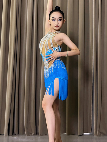 Customized Turquoise fringe Latin Dance competition Dress for women girls Professional Diamond Flower Costume Art Exam dance wear - Moderndancedress.com