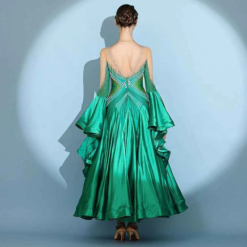 Custom Size Competition Ballroom Dance Dresses for Women Green Wine Gemstones Waltz Performance Long Gown