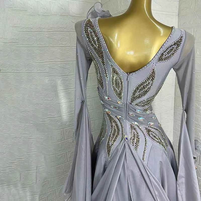 Customized Size Silver Competition Ballroom Dance Dresses for Women Girls Waltz Tango Rhythm Social Dance Gown