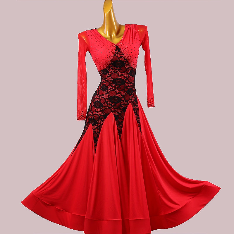 Custom Size Red Lace Competition Ballroom Dance Dresses for Women Waltz Tango Foxtrot Rhythm Dance Long Gown