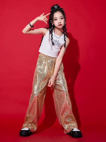 Girls Gold Sequin Jazz Dancing Costumes Gogo Dancers Hip Hop Rapper Singers Street Clothes Children's Model Show Wear - Moderndancedress.com