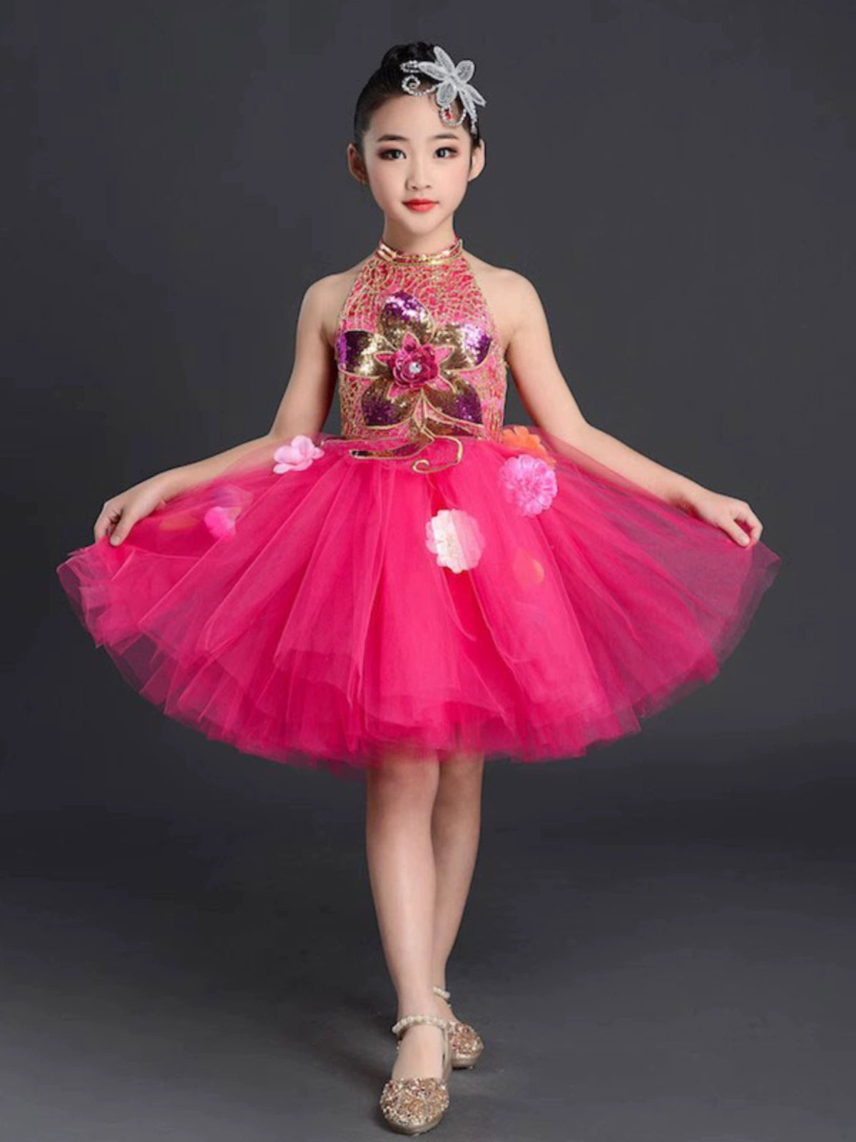 Children's Petal Sequins Jazz Dance Costume Kindergarten Chorus Performance Outfits Princess Tutu Skirt Princess Dresses for Girls - Moderndancedress.com