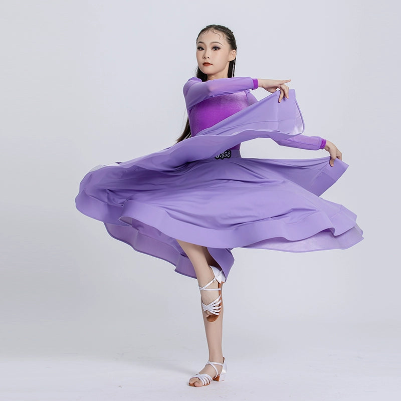 Light Purple Velvet Ballroom Dance Dresses for Girls Kids Children Waltz Tango Ballroom Performance Uniforms Party Performance Praise Dress - Moderndancedress.com