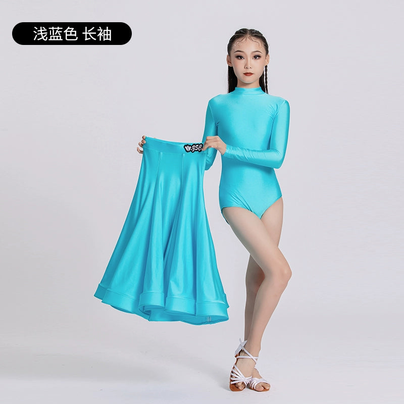 Blue Red Ballroom Dance Dresses for Girls Kids Long-sleeved  Latin Tango Waltz Juvenile Performance Long Gown Art Test Performance Skirts - Moderndancedress.com