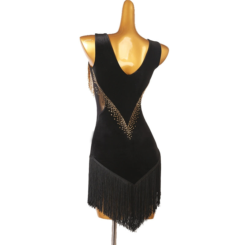 Gold Tube Fringed Black Red Velvet Latin Dance Dresses for Women Girls Rumba Cha Dance Outfits