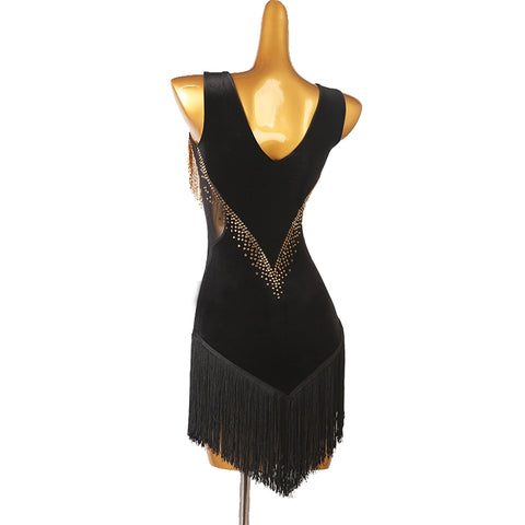 Gold Tube Fringed Black Red Velvet Latin Dance Dresses for Women Girls Rumba Cha Dance Outfits
