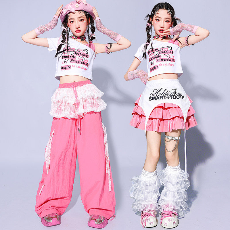 Girls Pink Jazz Dance Costumes K-Pop Dance Outfits - Tiered Mini Skirt Cargo Pants & Crop Top