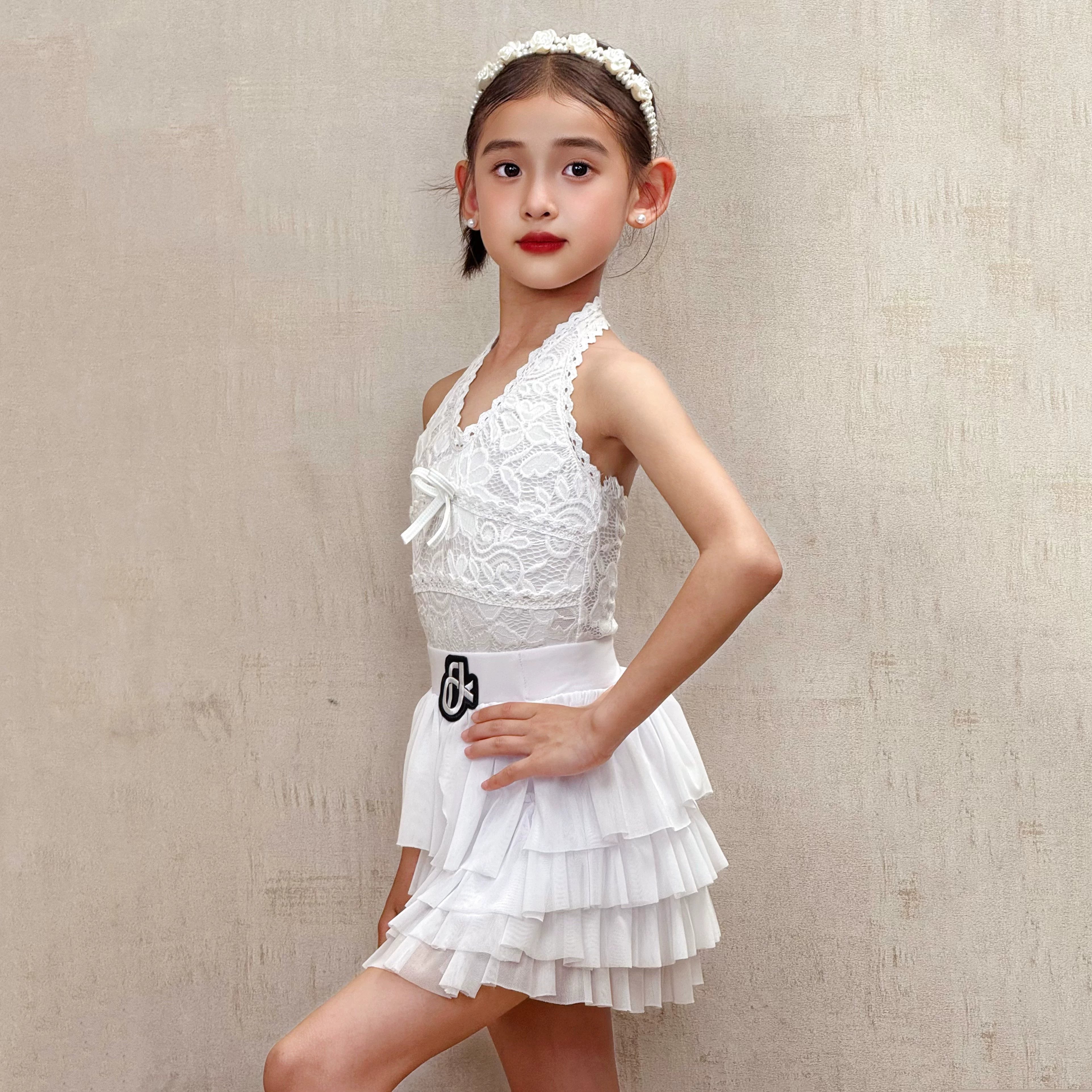 Girls Latin Dance Dresses White Lace Ruffles Salsa Rumba Chacha Dance Wear for Kids - Moderndancedress.com