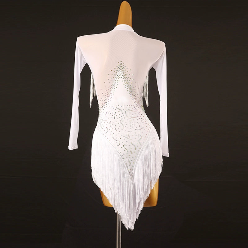 White Red Blue Fringe  Latin Dance Dress for Women Girls Purple Long Sleeves Rhinestones Competition Performance Rumba Chacha Dancing Costumes for Female - Moderndancedress.com