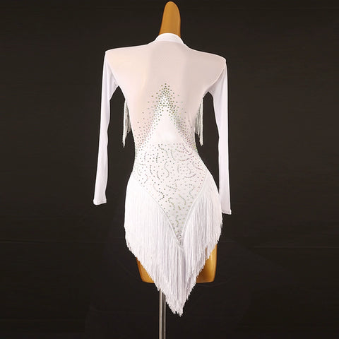 White Red Blue Fringe  Latin Dance Dress for Women Girls Purple Long Sleeves Rhinestones Competition Performance Rumba Chacha Dancing Costumes for Female - Moderndancedress.com