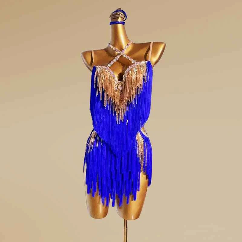 Custom Size Royal Blue Pink Competition Latin Dance Dresses for Women Girls Bling Fringe