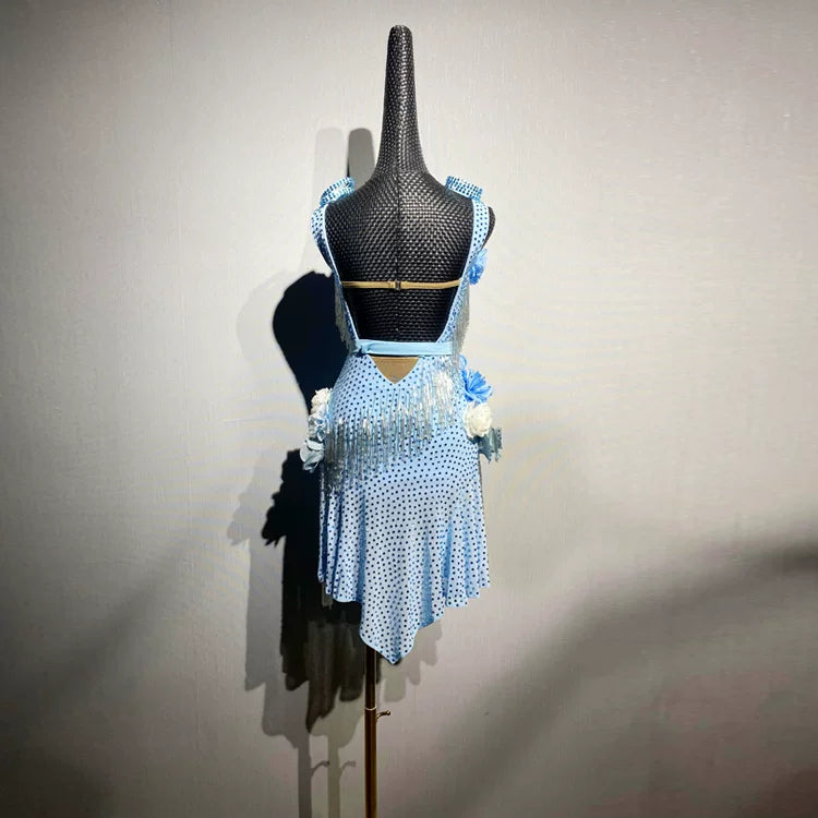 Custom Size Light Blue Latin Dance Dress with 3D Flowers Blackpool Competition Wear