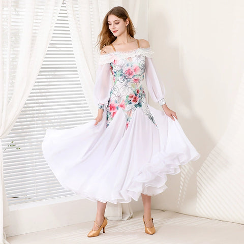 White Floral Ballroom Dance Dresses for Women Girls Waltz Tango Flamenco Dew Shoulder Dancing Long Gown for Female - Moderndancedress.com